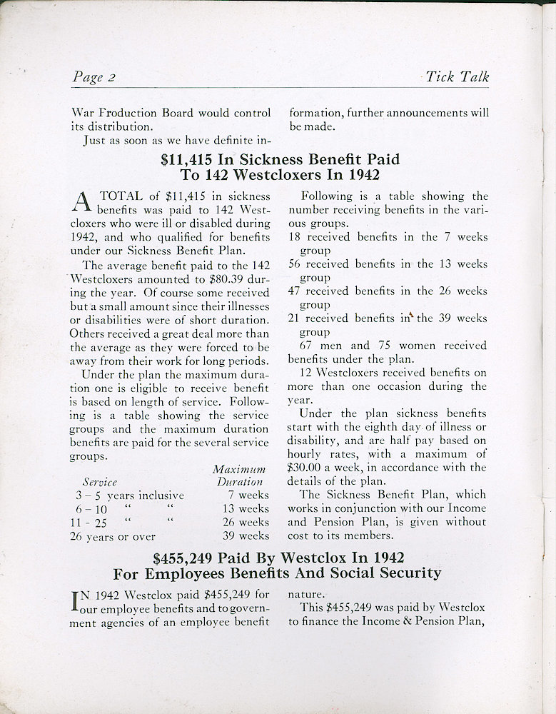 Westclox Tick Talk, February 1943, Vol. 28 No. 2 > 2. Manufacturing: New Model: "W.P.B. Authorizes Clock Production"