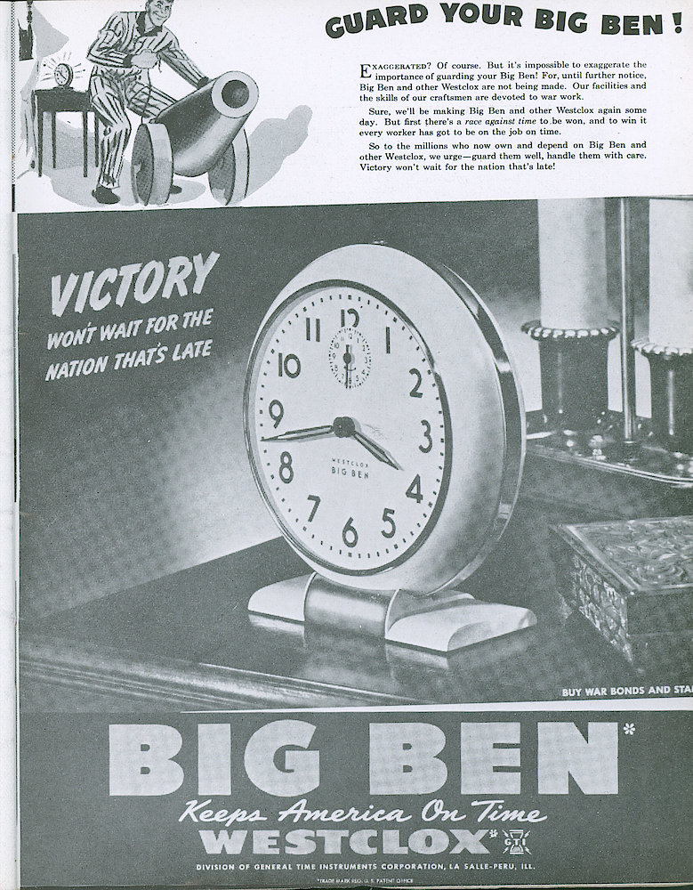 Westclox Tick Talk, February 1943, Vol. 28 No. 2 > 31. Advertisement: "Guard Your Big Ben" A Man With A Cannon Is Guarding A Big Ben Alarm Clock. The February Saturday Evening Post Ad (caption On Page 30).