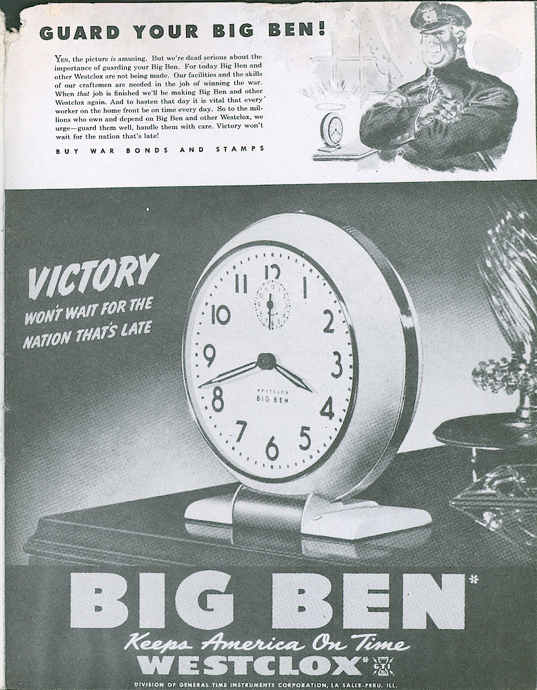 Westclox Tick Talk, March 1943, Vol. 28 No. 3 > 31. Advertisement: "Guard Your Big Ben" A Police Officer Guards A Big Ben Alarm Clock. March 20 Saturday Evening Post Ad (Caption On Page 30).