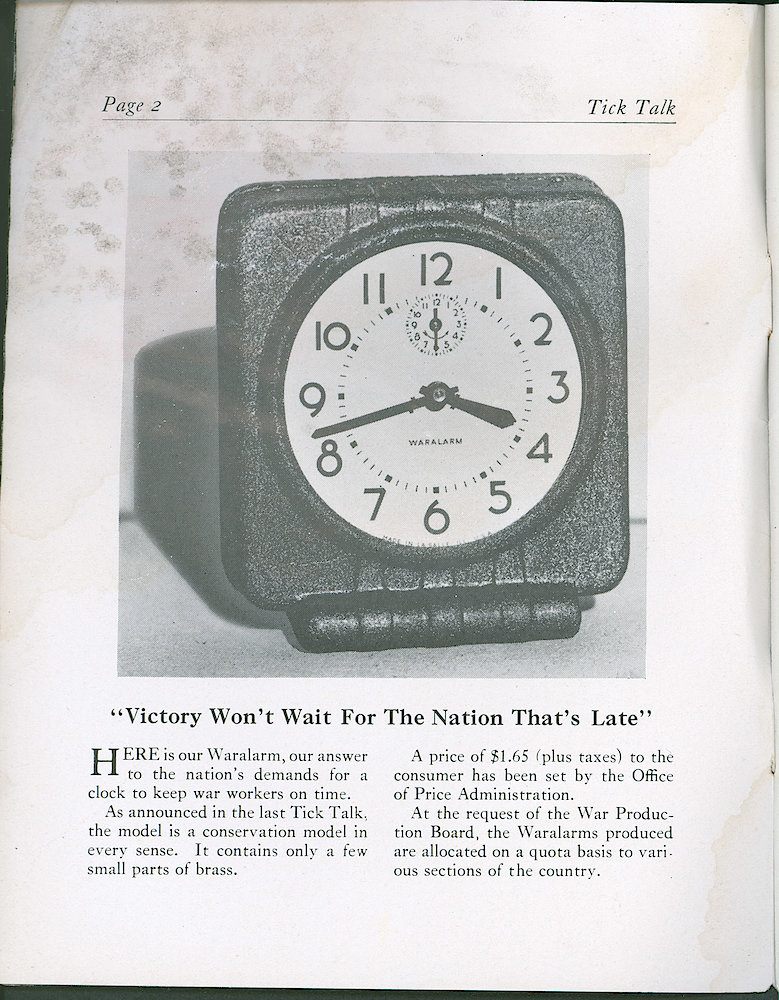 Westclox Tick Talk, May 1943, Vol. 28 No. 5 > 2. Current Model: Picture And Description Of The Waralarm (the Fiber Cased Model). Price $1.65.