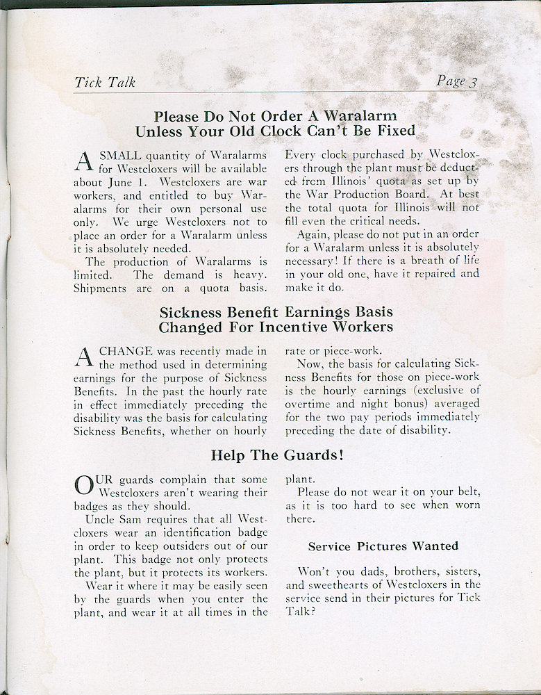 Westclox Tick Talk, May 1943, Vol. 28 No. 5 > 3. Manufacturing: "Please Do Not Order A Waralarm Unless Your Old Clock Can&039;t Be Fixed"