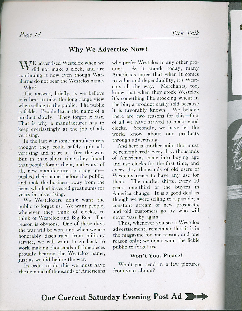 Westclox Tick Talk, June 1943, Vol. 28 No. 6 > 18. MARKETING: "Why We Advertise Now" ADVERTISEMENT CAPTION: "Our Current Saturday Evening Post Ad" Arrow Pointing To Page 19