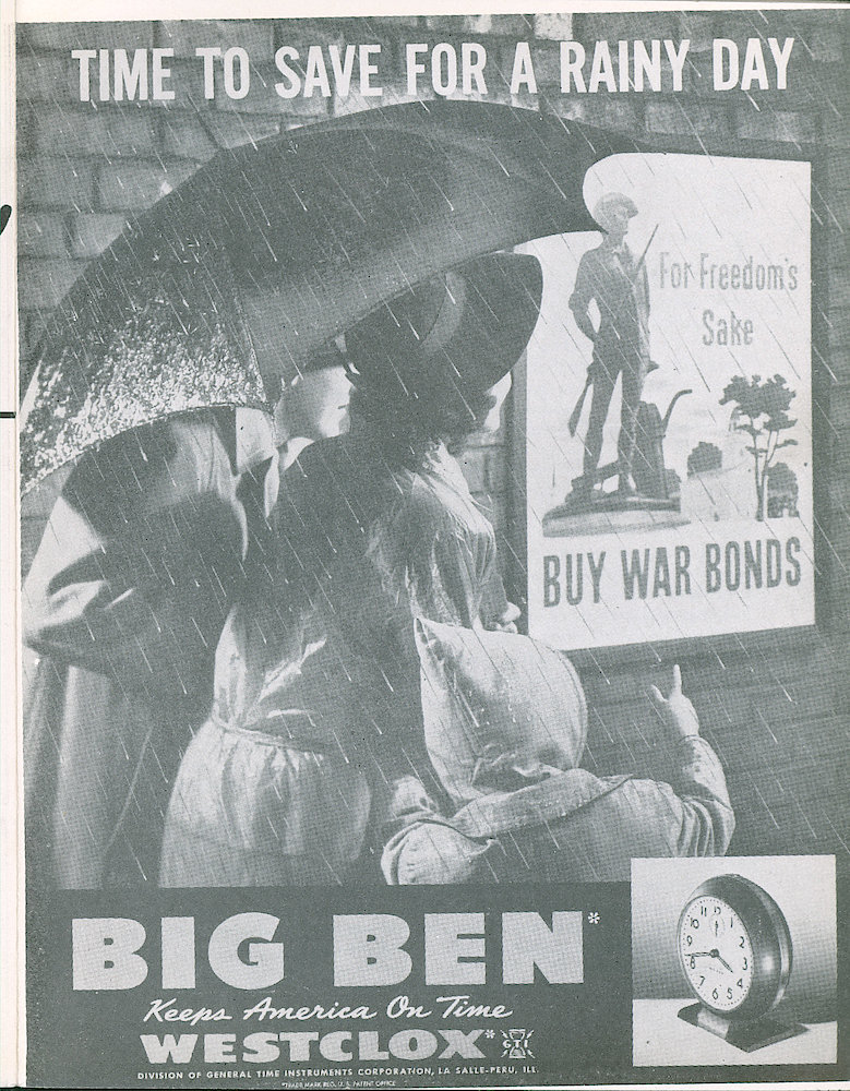 Westclox Tick Talk, September 1943, Vol. 28 No. 9 > 21. Advertisement: Time To Save For A Rainy Day. Buy War Bonds.