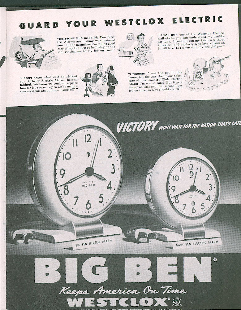 Westclox Tick Talk, November 1943, Vol. 28 No. 11 > 19. Advertisement: Guard Your Westclox Electric. Victory Won&039;t Wait For The Nation That&039;s Late.