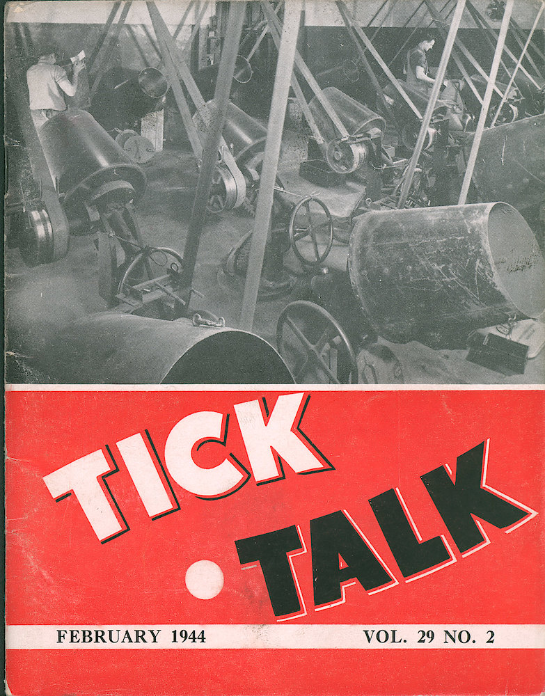 Westclox Tick Talk, February 1944, Vol. 29 No. 2 > F. Factory: Manufacturing: View In The Hardening Department. Every Working Day Thousands Of Small Parts Are Rotated In These Tumbling Barrels. The Rotation Cleans, Polishes, And Removes Rough Edges On Some Small Parts When They Come From A Machine Or Press. Caption On Page 7.