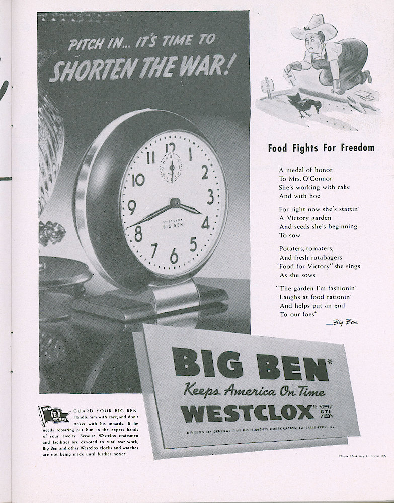 Westclox Tick Talk, March 1944, Vol. 28 No. 3 > 19. Advertisement: Pitch In . . . It&039;s Time To Shorten The War Food Fights For Freedom