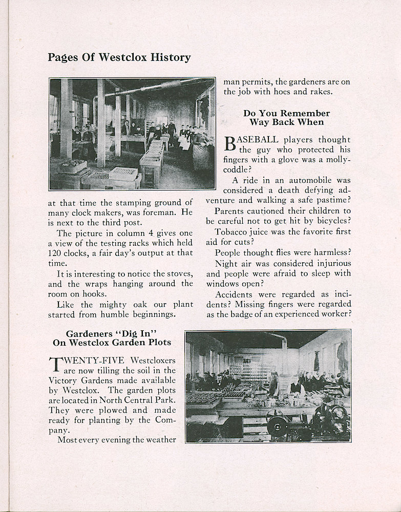 Westclox Tick Talk, May 1944, Vol. 29 No. 5 > 15. Historical Article: Let&039;s Turn Back The Pages Of Westclox History. Shows The Original Factory Ca. 1900, And Three Interior Photos.