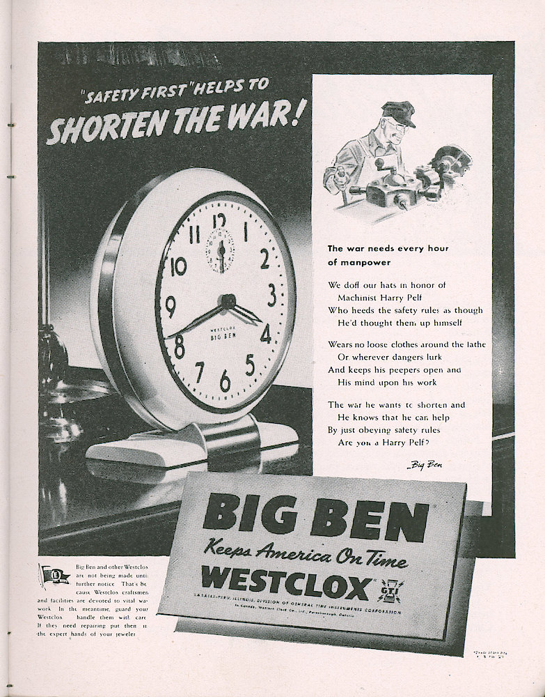 Westclox Tick Talk, May 1944, Vol. 29 No. 5 > 45. Advertisement: "Safety First" Helps To Shorten The War