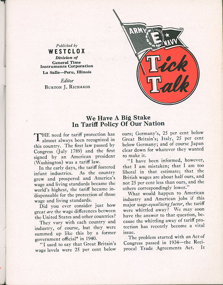 Westclox Tick Talk, November 1944, Vol. 29 No. 11 > 1. Marketing: We Have A Big Stake In The Tariff Policy Of Our Nation