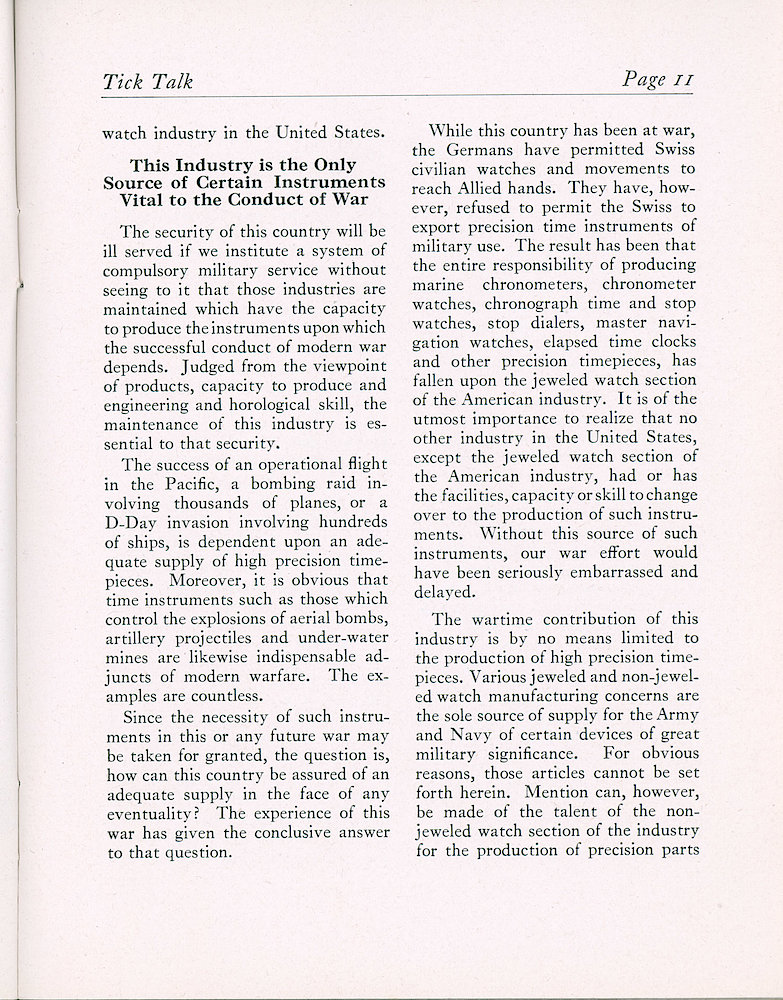 Westclox Tick Talk, January 1945, Vol. 30 No. 1 > 11. Marketing: Swiss Watches Threaten Watch Industry Of United States - This Industry Is The Only Source Of Certain Instruments Vital To The Conduct Of War