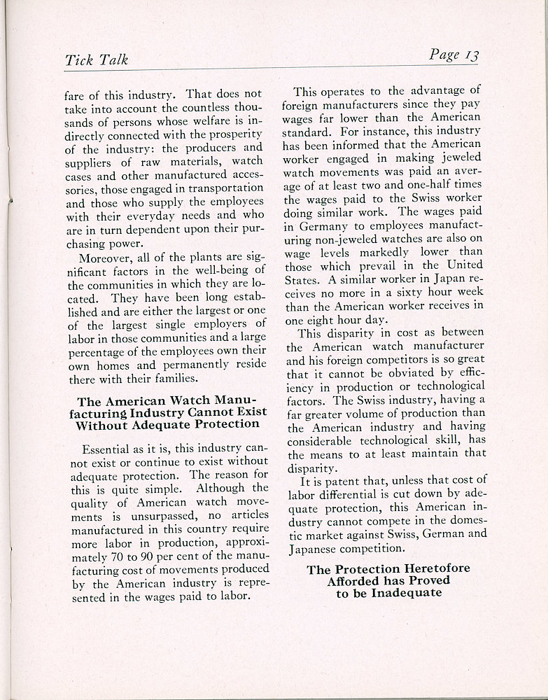 Westclox Tick Talk, January 1945, Vol. 30 No. 1 > 13. Marketing: Swiss Watches Threaten Watch Industry Of United States - The American Watch Manufacturing Industry Cannot Exist Without Adequate Protection - The Protection Heretofore Afforded Has Proved To Be Inadequate