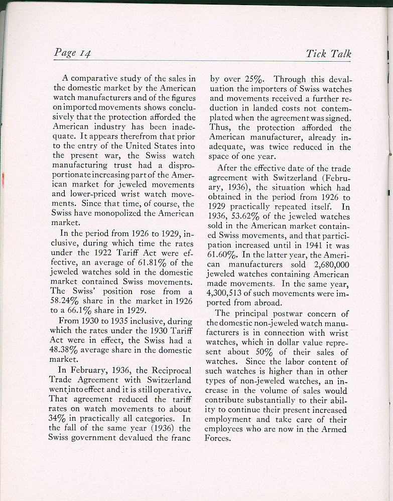 Westclox Tick Talk, January 1945, Vol. 30 No. 1 > 14. Marketing: Swiss Watches Threaten Watch Industry Of United States