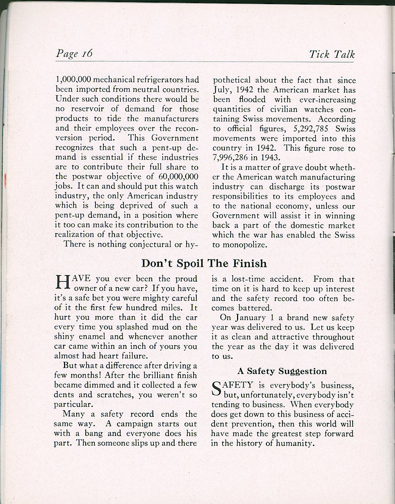 Westclox Tick Talk, January 1945, Vol. 30 No. 1 > 16. Marketing: Swiss Watches Threaten Watch Industry Of United States