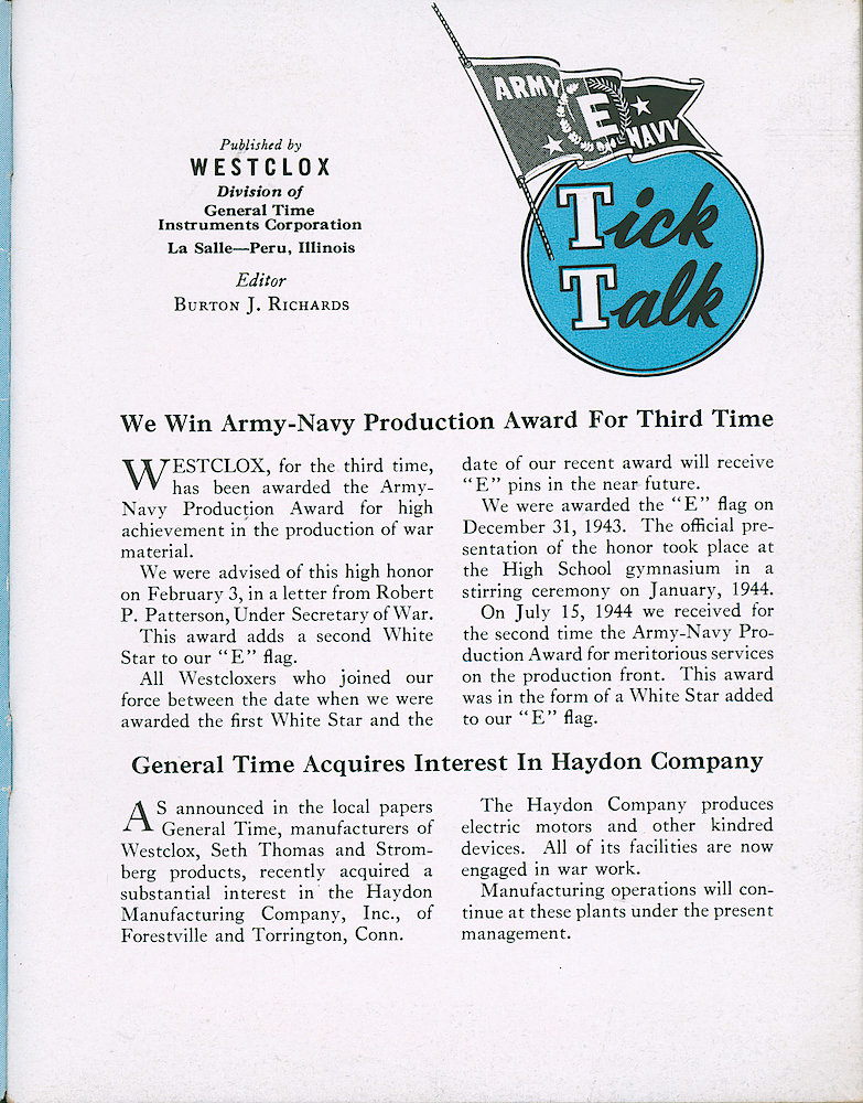 Westclox Tick Talk, February 1945, Vol. 30 No. 2 > 1. MANUFACTURING: We Win Army-Navy Production Award For Third Time. CORPORATE: General Time Acquires Interest In Haydon Company