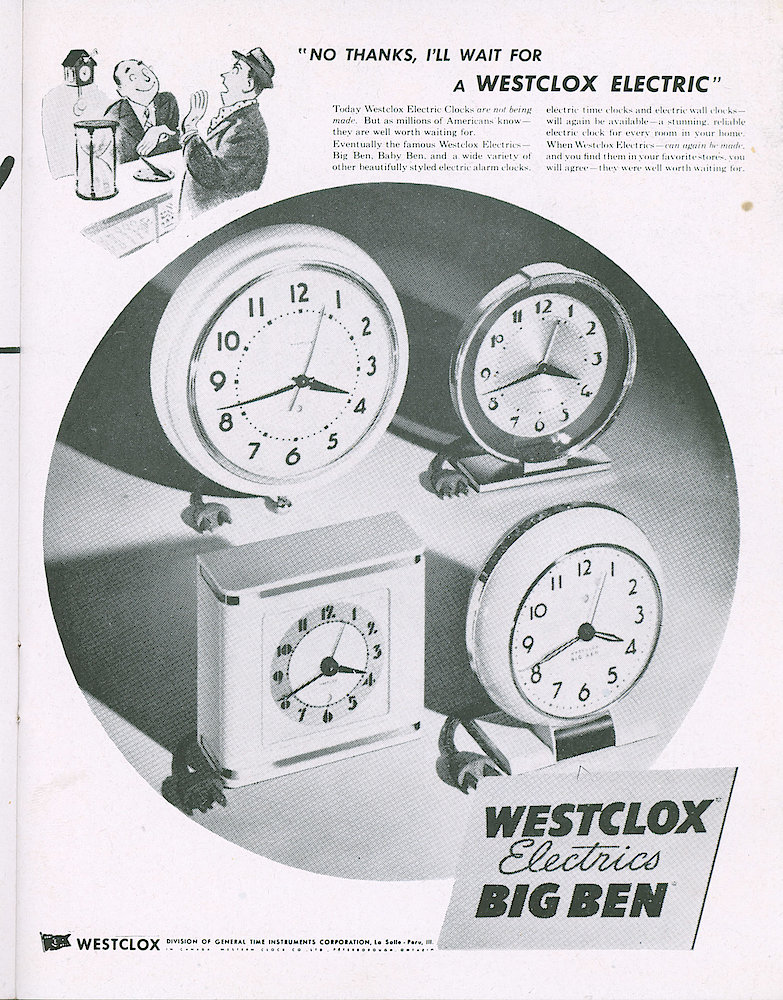 Westclox Tick Talk, February 1945, Vol. 30 No. 2 > 17. Advertisement: "No Thanks, I&039;ll Wait For A Westclox Electric"