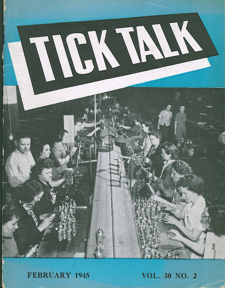 Westclox Tick Talk, February 1945, Vol. 30 No. 2 > F. Factory: One Of The Fuze Lines In The Electric Clock Department. Caption On Page 15.