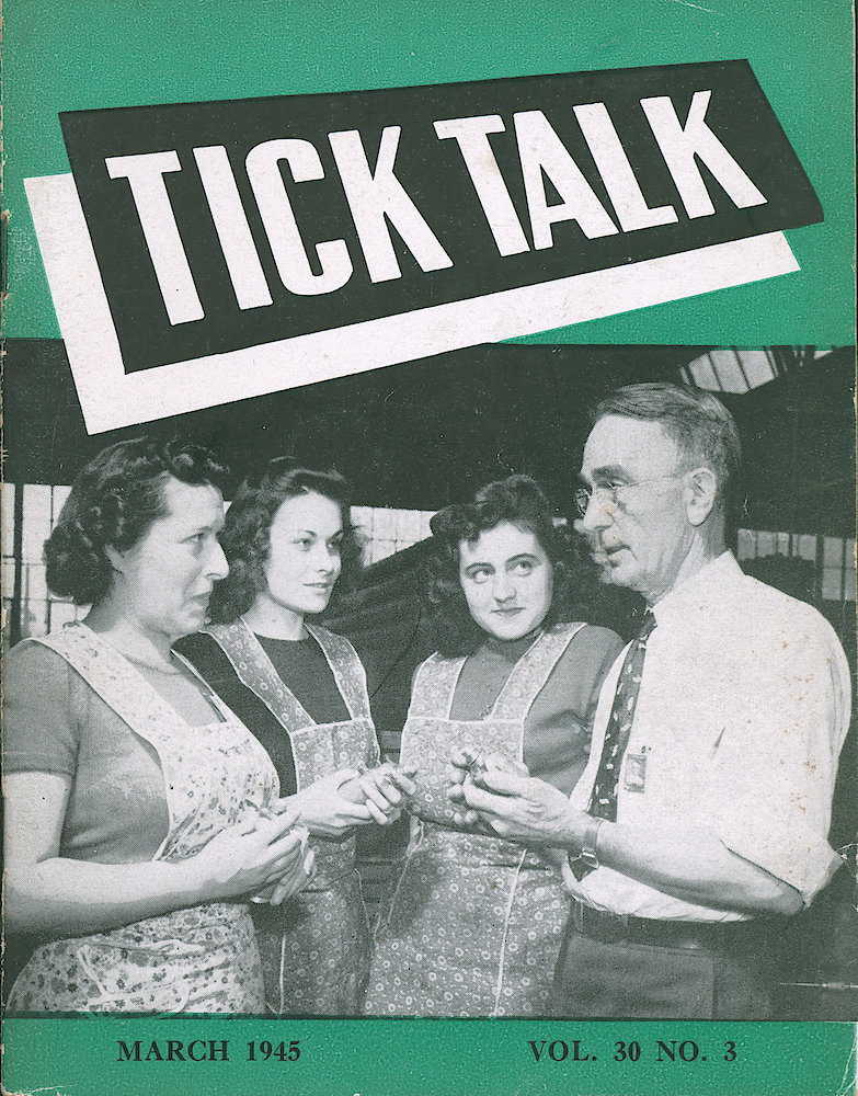 Westclox Tick Talk, March 1945, Vol. 30 No. 3 > F. Factory: Charles Keenan Explains The Workings Of A Fuze To Elizabeth Matthews, Dorothy Entwhistle And Mrs. Mary Preiser. Caption On Page 9.