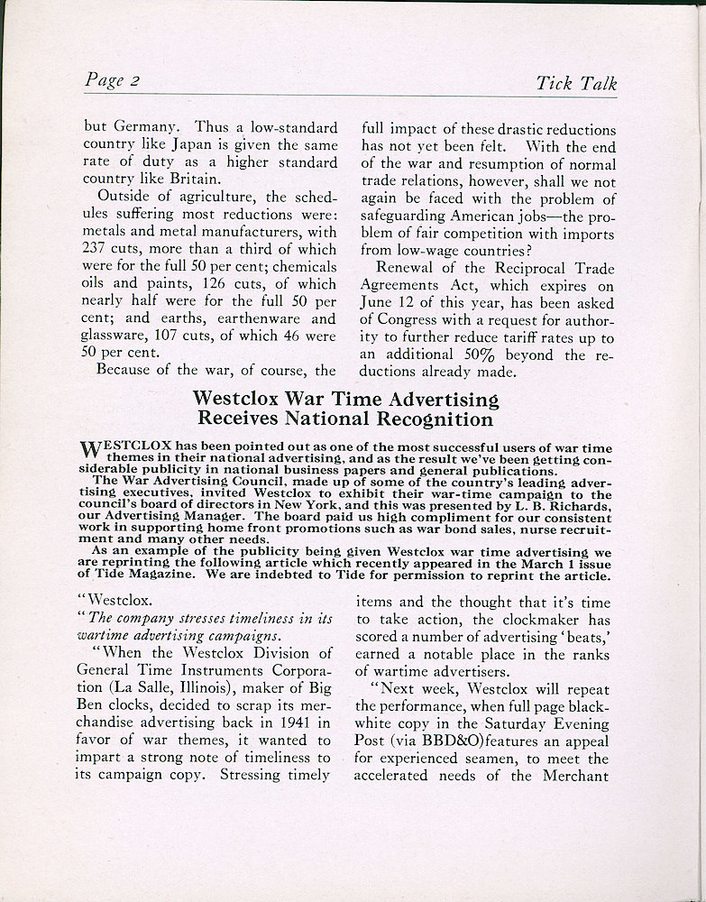 Westclox Tick Talk, April 1945, Vol. 30 No. 4 > 2. MARKETING: When It Comes To Post War Jobs We Want A Fair Shake MARKETING: Westclox War Time Advertising Receives National Recognition