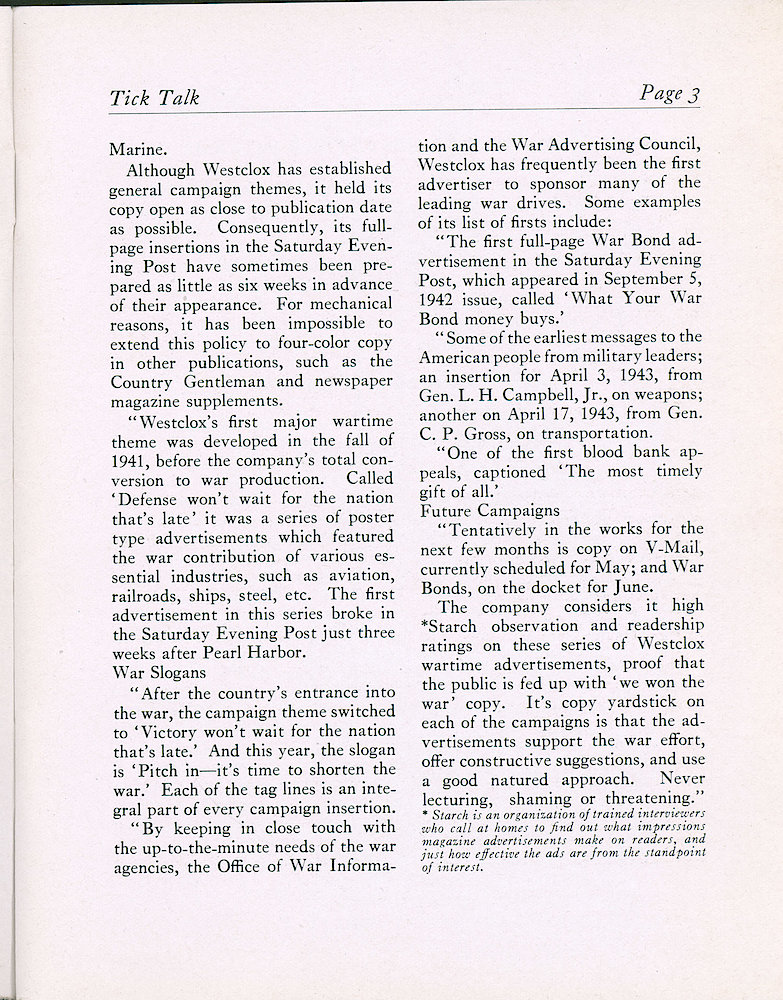 Westclox Tick Talk, April 1945, Vol. 30 No. 4 > 3. Marketing: Westclox War Time Advertising Receives National Recognition