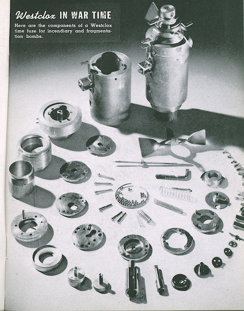 Westclox Tick Talk, May 1945, Vol. 30 No. 5 > 5. Manufacturing: Westclox In War Time. Here Are The Components Of A Westclox Time Fuze For Incendiary And Fragmentation Bombs.