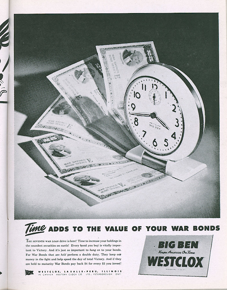 Westclox Tick Talk, May 1945, Vol. 30 No. 5 > 19. Advertisement: Time Adds To The Value Of Your War Bonds