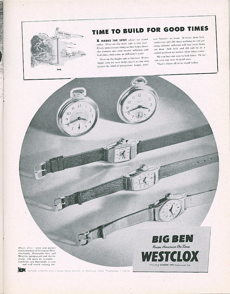 Westclox Tick Talk, August 1945, Vol. 30 No. 8 > 17. Advertisement: Time To Build For Good Times. Shows Two Pocket Watches And Three Wrist Watches/.