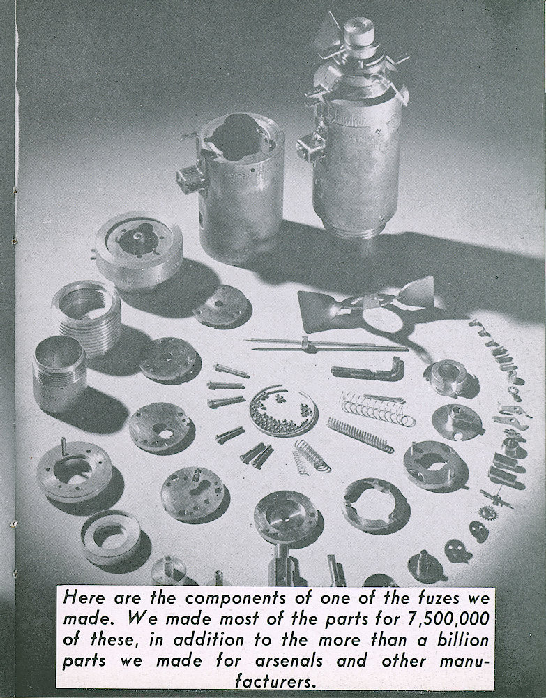 Westclox Tick Talk, September 1945, Vol. 30 No. 9 > 33. Manufacturing: "A Glimpse Back Over The War Years" Here Are The Components Of One Of The Fuzes We Made. We Made Most Of The Parts For 7,500,000 Of These, In Addition To The More Than A Billion Parts We Made For Arsenals And Other Manufacturers.