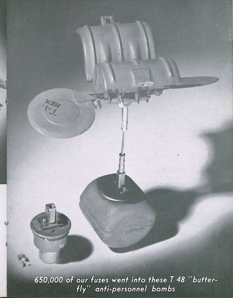 Westclox Tick Talk, September 1945, Vol. 30 No. 9 > 35. Manufacturing: "A Glimpse Back Over The War Years" Group Of M 111 A 2 Flare Fuzes.650,000 Of Our Fuzes Went Into These T 48 "butterfly" Anti-personnel Bombs.