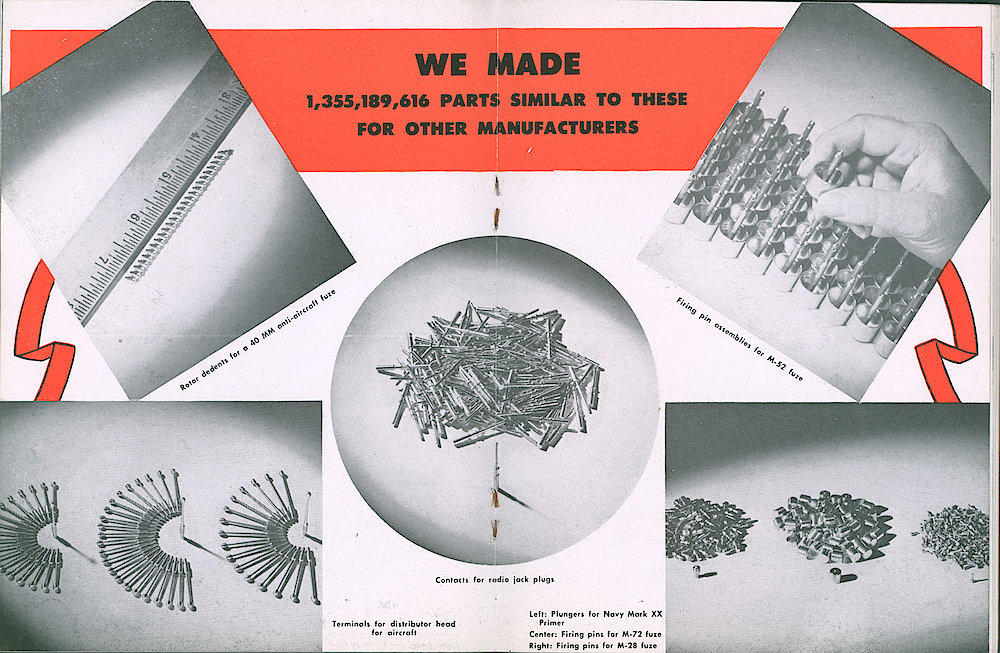 Westclox Tick Talk, September 1945, Vol. 30 No. 9 > 36-37. Manufacturing: "A Glimpse Back Over The War Years" We Made 1,355,189,616 Parts Similar To These For Other Manufacturers.