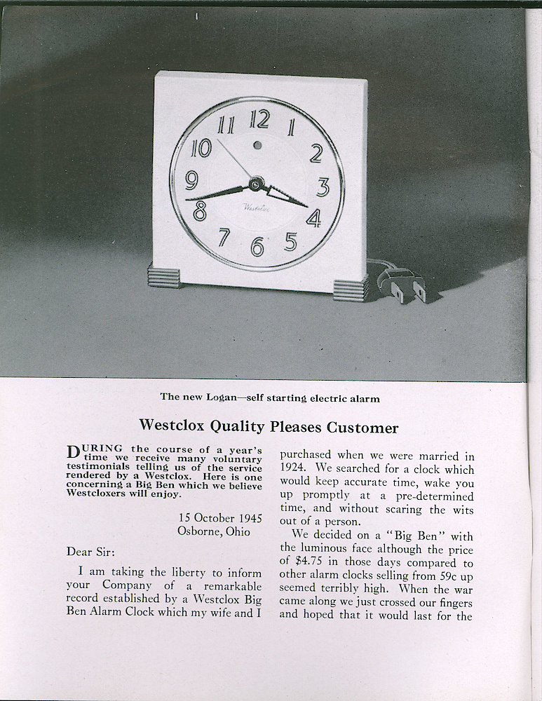 Westclox Tick Talk, October 1945, Vol. 30 No. 10 > 2. New Model: The New Logan - Self Starting Electric Alarm.