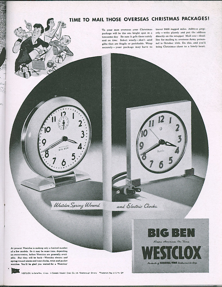 Westclox Tick Talk, October 1945, Vol. 30 No. 10 > 17. Advertisement: Time To Mail Those Overseas Christmas Packages