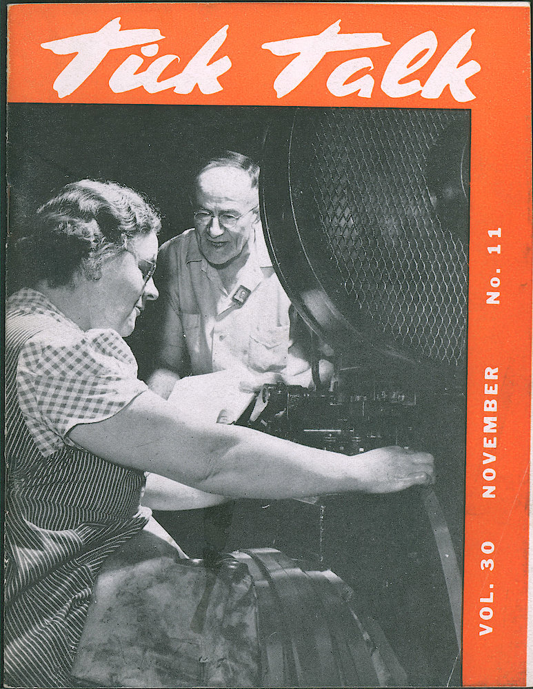 Westclox Tick Talk, November 1945, Vol. 30 No. 11 > F. Factory: John Wetzler, Assistant Foreman Of Power Press, And Alfa Mecum, Press Operator Since 1921. Caption On Page 5.