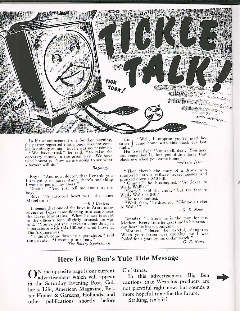 Westclox Tick Talk, December 1945, Vol. 30 No. 12 > 54. Advertisement Caption: For The Advertisement On Page 55. "Here Is Big Ben&039;s Yuletide Message" "On The Opposite Page Is Our Current Advertisement Which Will Appear In The Saturday Evening Post, Collier&039;s, Life, American Magazine, Better Homes & Gardens, Hollands And Other Publications ... 