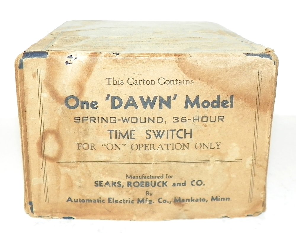 Westclox Dawn Electric Time Switch. One "Dawn" model spring-wound, 36-hour Time Switch for ON operation only. manufactured for Sears, Roebuck and Co. by Automatic Electric Mfg. Co. , Mankato, Minn.