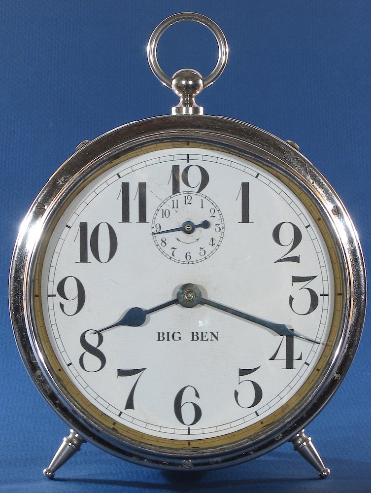 Westclox Big Ben Style 1 Nickel. Left and right bezel screws probably original. Bottom one is a replacement. Hour and minute hands are not original, but have 0.6 mm tips, approximately like what the originals were.