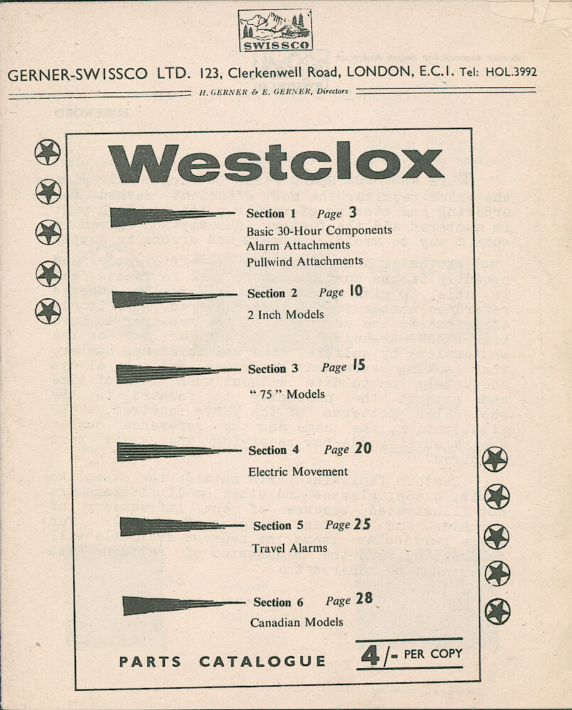 Westclox Parts Catalog. Gerner-Swissco, London. > 1