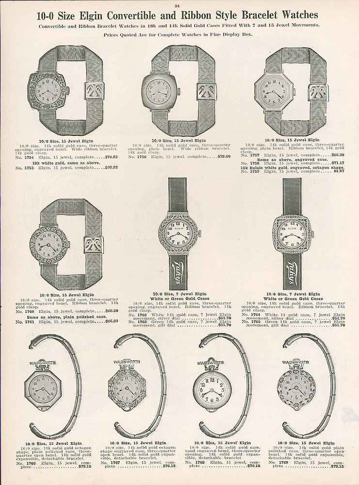 G. W. Huntley 1923 Catalog > 34. Shows Elgin 10-0 Size Convertible And Ribbon-style Bracelet Watches.