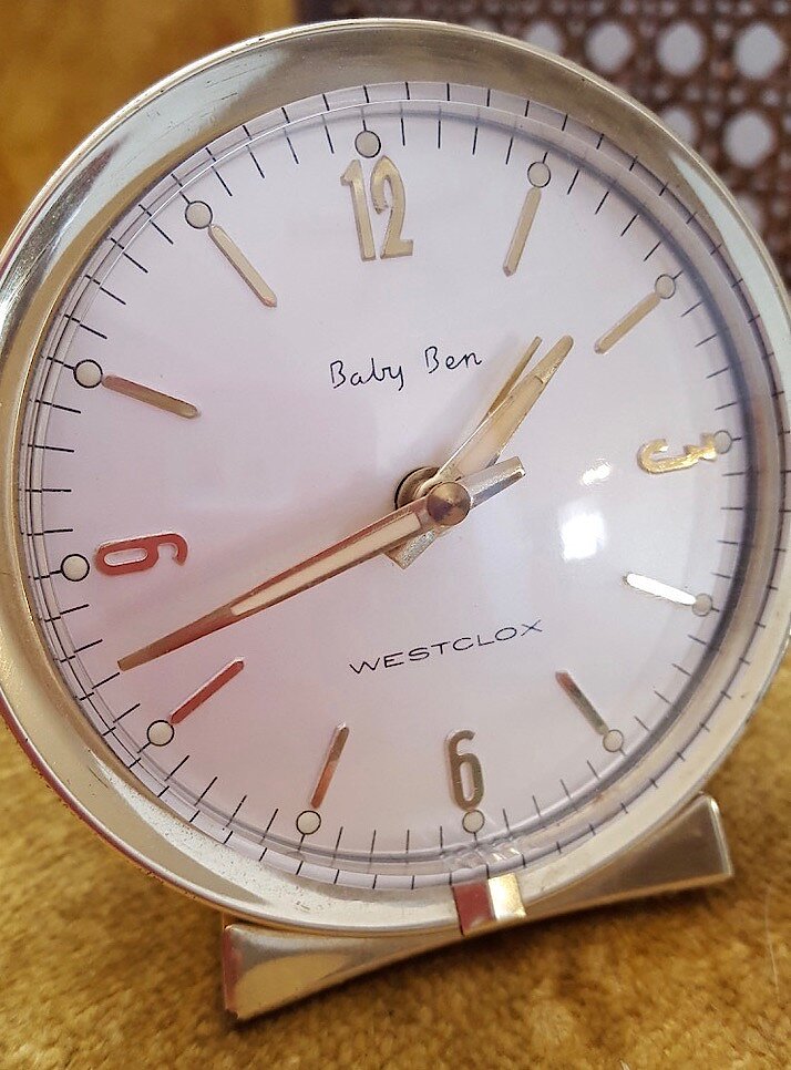 Westclox Baby Ben Deluxe Style 7 Brass Bezel Base Silver Florentine Back Luminous. Westclox Baby Ben Deluxe Style 7 Brass Bezel Base Silver Florentine Back Luminous Clock Example Photo