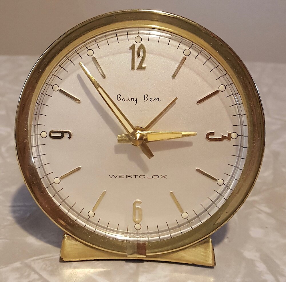 Westclox Baby Ben Deluxe Style 7 Brass Bezel Base Silver Florentine Back Luminous. Westclox Baby Ben Deluxe Style 7 Brass Bezel Base Silver Florentine Back Luminous Clock Example Photo