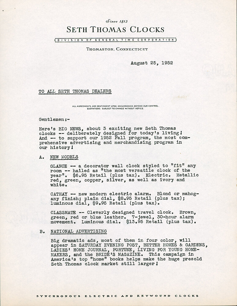 The Finest Clocks Since 1813. Seth Thomas, Thomaston, Connecticut. > Sales Letter 1