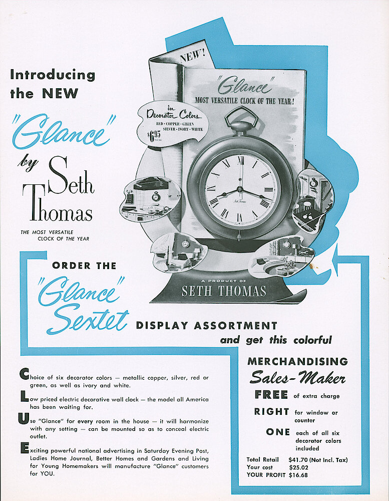 The Finest Clocks Since 1813. Seth Thomas, Thomaston, Connecticut. > New Glance Wall Clock. New "Glance" Electric Wall Clock That Looks Like A Large Pocket Watch.