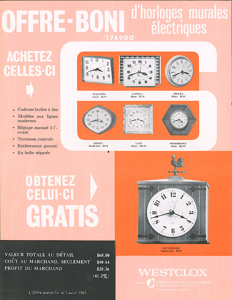 1969 Westclox Canada Offre-Boni > Electric wall clocks. Walltone, Capella, Oracle, Sonnet, Lace, Woodbridge, Countryside.