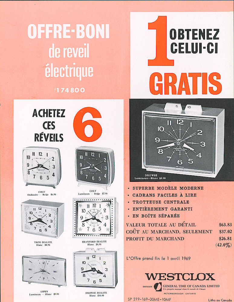 1969 Westclox Canada Offre-Boni > 2. Drowse, Colt, Trim Dialite, Branford Dialite, Aspen, Drowse Dialite.