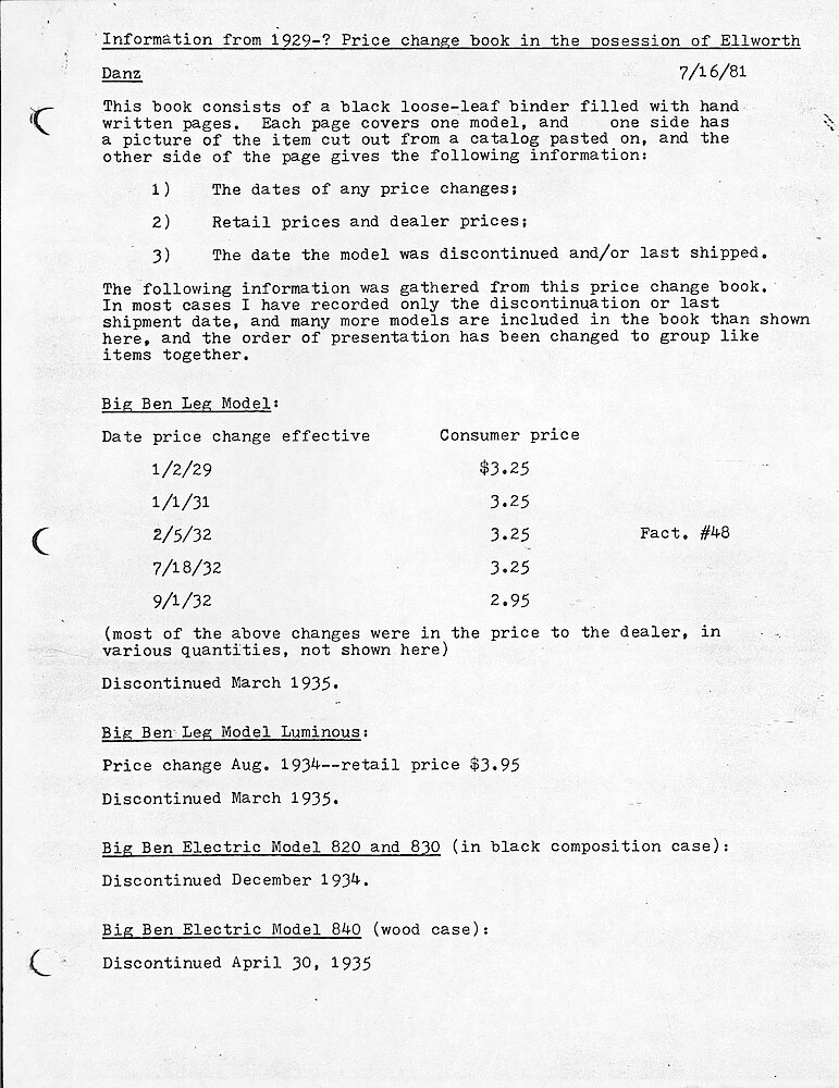 Price Change Book from the Westclox Factory - Bill Stoddards Brief Summary > 1