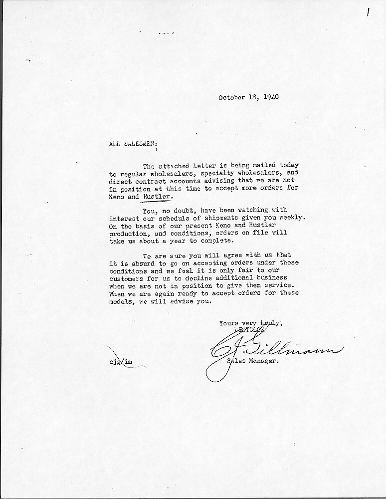 Price Change Book from the Westclox Factory - Photocopy from Jim Whitaker, giving the key wind models > 1. Letter To Salesmen That Keno And Hustler Are Sold Out And To Accept No More Orders. October 18, 1940