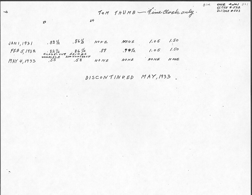 Price Change Book from the Westclox Factory - Photocopy from Jim Whitaker, giving the key wind models > 6. Tom Thumb Time-only Clock. Data From 1931 To 1933.