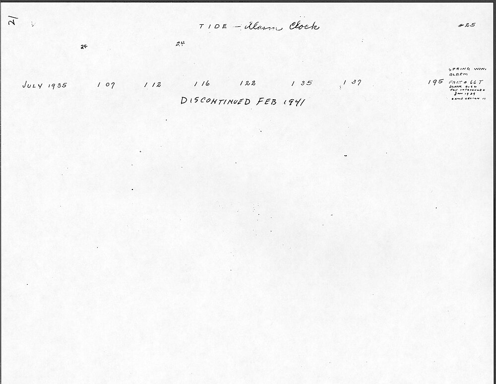 Price Change Book from the Westclox Factory - Photocopy from Jim Whitaker, giving the key wind models > 21. Tide Alarm Clock. Data From 1935 To 1941.