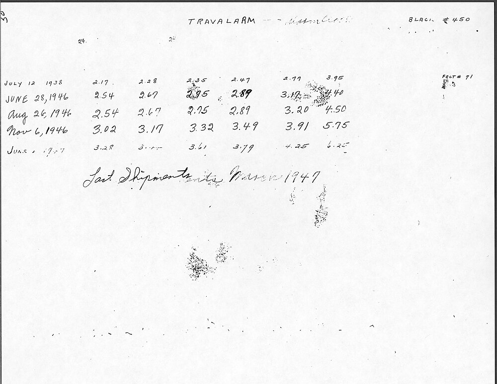 Price Change Book from the Westclox Factory - Photocopy from Jim Whitaker, giving the key wind models > 30. Travalarm Black Travel Alarm Clock. Data From 1938 To 1947.