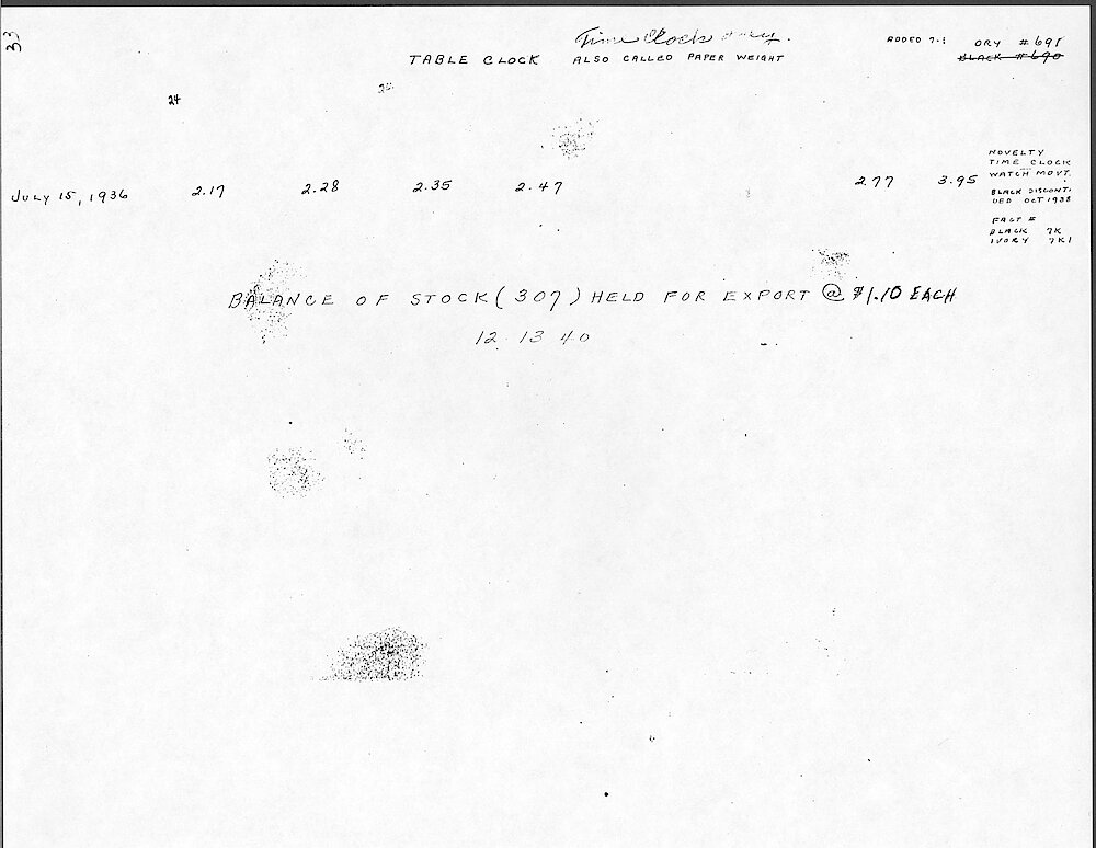 Price Change Book from the Westclox Factory - Photocopy from Jim Whitaker, giving the key wind models > 33. Table Clock (also Called Paperweight Clock). Data From 1936 To 1940.