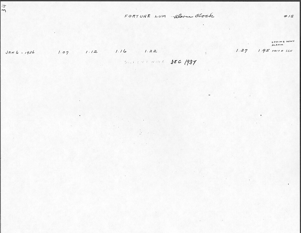 Price Change Book from the Westclox Factory - Photocopy from Jim Whitaker, giving the key wind models > 34. Fortune Luminous Alarm Clock. Data From 1936 And 1937.